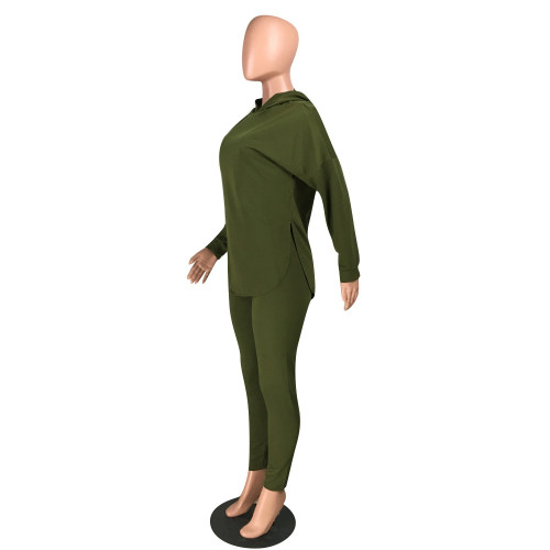 Army Green Curve Hem Two Piece Pants Set