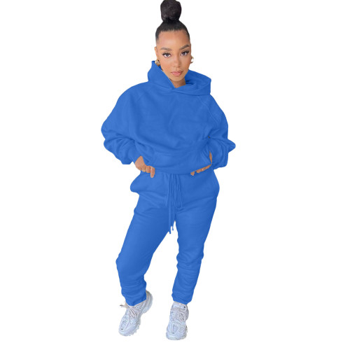 Solid Blue Drawstring Warm Hooded Tracksuit