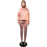 Solid Pink Drawstring Warm Hooded Tracksuit