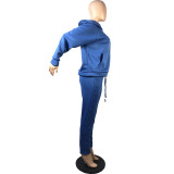 Solid Blue Drawstring Warm Hooded Tracksuit