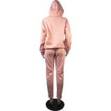 Solid Pink Drawstring Warm Hooded Tracksuit