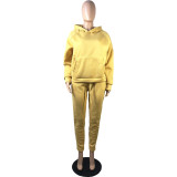 Solid Yellow Drawstring Warm Hooded Tracksuit