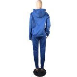 Solid Blue Drawstring Warm Hooded Tracksuit