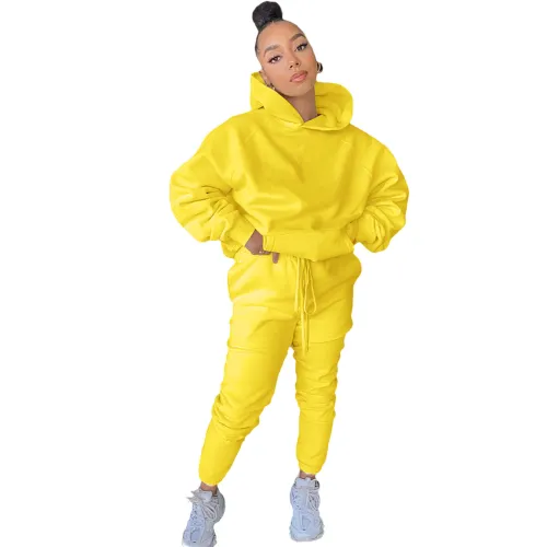 Solid Yellow Drawstring Warm Hooded Tracksuit