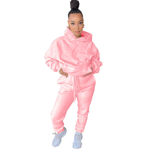 Solid Pink Drawstring Warm Hooded Tracksuit