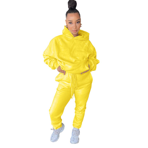 Solid Yellow Drawstring Warm Hooded Tracksuit