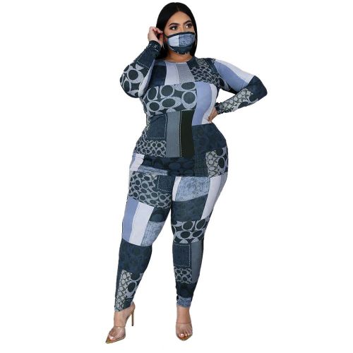 Plus Size Print Blue Top and Leggings Set（without Masks）
