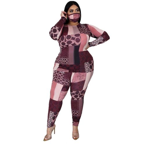 Plus Size Print Pink Top and Leggings Set（without Masks）