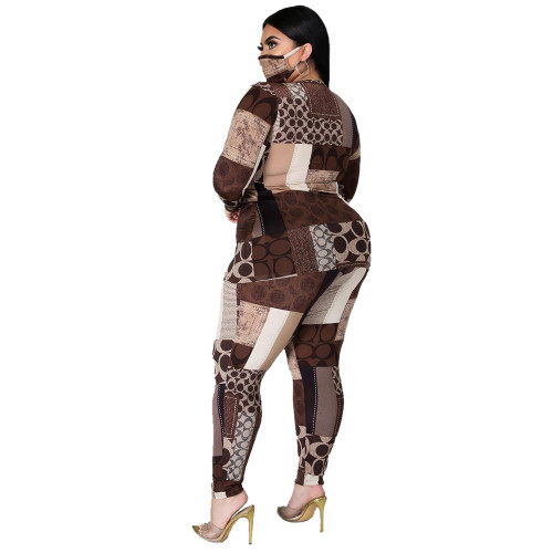 Plus Size Print Brown Top and Leggings Set（without Masks）