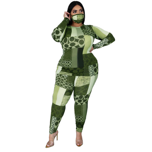 Plus Size Print Green Top and Leggings Set（without Masks）