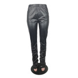 Black High Waist PU Leather Stack Pants
