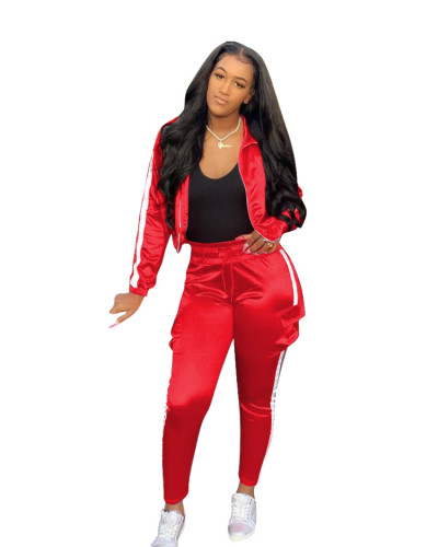 Silky Red Side Pocketed Two Piece Pants Set