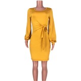 Yellow Tie Waist Bishop Sleeve Bodycon Dress