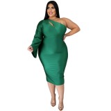 Plus Size Green One Shoulder Cutout Midi Dress