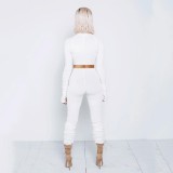 White High Neck Zipper Crop Top and Pants Two Piece Set