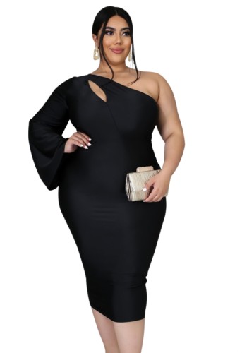 Plus Size Black One Shoulder Cutout Midi Dress