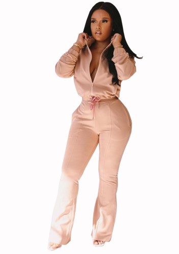 Solid Long Sleeve Flare Bottom Zipper Tracksuit
