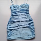 Sexy Blue Spaghetti Strap Ruched Mini Dress