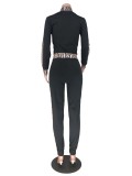 Black Casual Print Long Sleeve Zipper Tracksuit