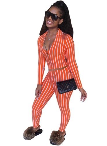 Striped Orange Zipper Crop Top and Legging Set