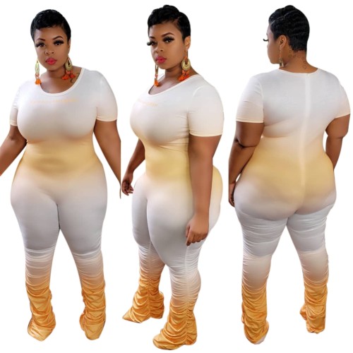 Plus Size Yellow Gradient Stack Short Sleeve Jumpsuit