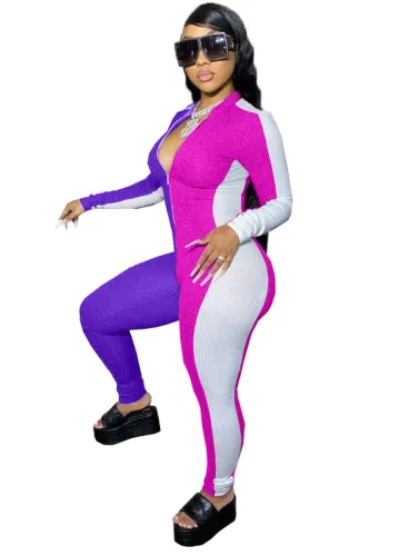 Color Block Long Sleeve Zipper Bodycon Jumpsuit