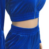 Velvet Blue Long Sleeve Zip Up Crop Top & Shorts Set