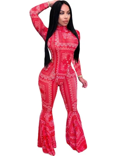 Print Red Bodysuit and Flare Pants 2PCS Set