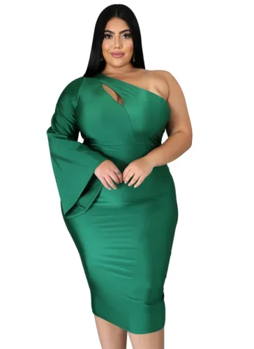 Plus Size Green One Shoulder Cutout Midi Dress