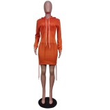 Orange Long Sleeve Drawstring Front Pocket Hooded Dress