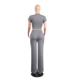 Gray Short Sleeve Crop Top & Wide Leg Pants Set