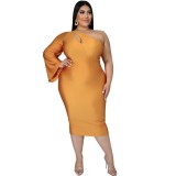 Plus Size Yellow One Shoulder Cutout Midi Dress