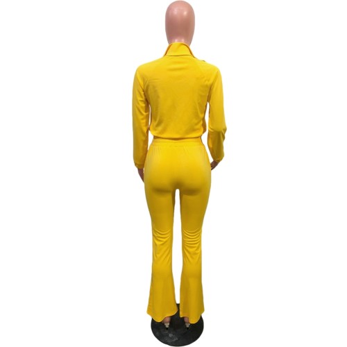 Solid Long Sleeve Flare Bottom Zipper Tracksuit