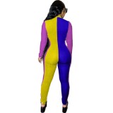 Color Block Long Sleeve Zipper Bodycon Jumpsuit