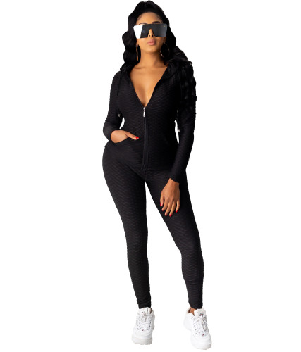 Textured Jogging Zipper Hooded Tracksuit