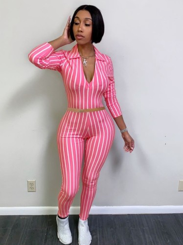 Striped Pink Zipper Crop Top and Legging Set