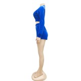 Velvet Blue Long Sleeve Zip Up Crop Top & Shorts Set