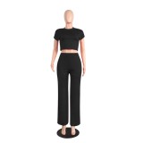 Black Short Sleeve Crop Top & Wide Leg Pants Set