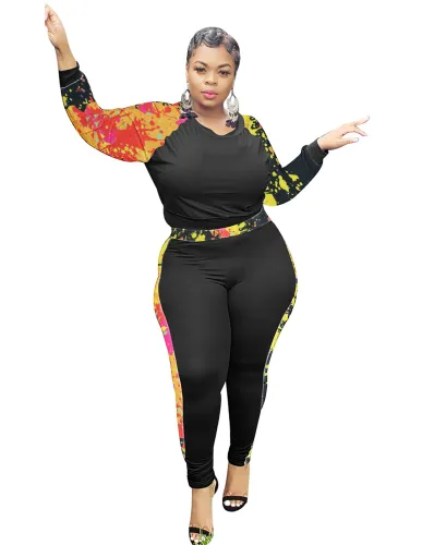 Plus Size Print Tight Two Piece Pants Set