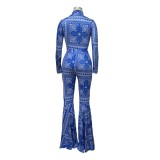 Print Blue Bodysuit and Flare Pants 2PCS Set