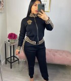Black Casual Print Long Sleeve Zipper Tracksuit