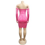 Pink Rhinestone Off Shoulder Long Sleeve Bodycon Dress
