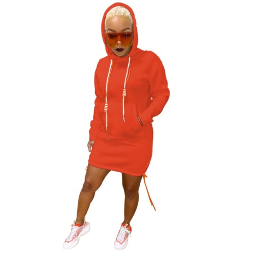 Orange Long Sleeve Drawstring Front Pocket Hooded Dress