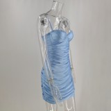 Sexy Blue Spaghetti Strap Ruched Mini Dress