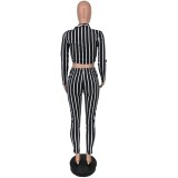 Striped Black Zipper Crop Top and Legging Set