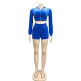 Velvet Blue Long Sleeve Zip Up Crop Top & Shorts Set