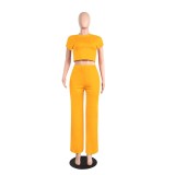 Orange Short Sleeve Crop Top & Wide Leg Pants Set