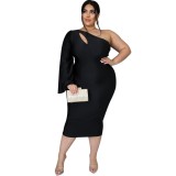 Plus Size Black One Shoulder Cutout Midi Dress