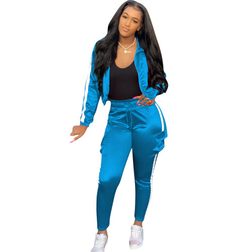 Silky Blue Side Pocketed Two Piece Pants Set