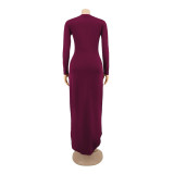 Burgundy Side Slit Curve Hem Lond Dress